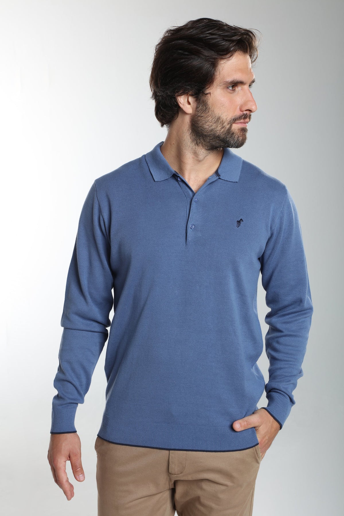 Pull col polo Marvin en coton Milano bleu – Gentleman Farmer, vue 4