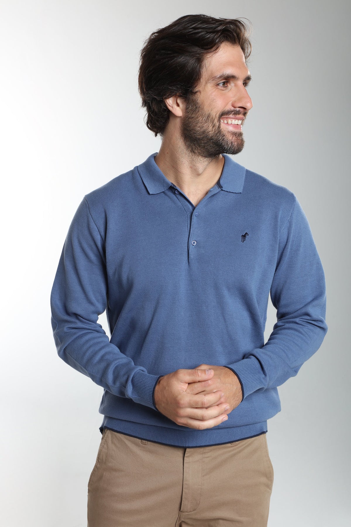 Pull col polo Marvin en coton Milano bleu – Gentleman Farmer, vue 6