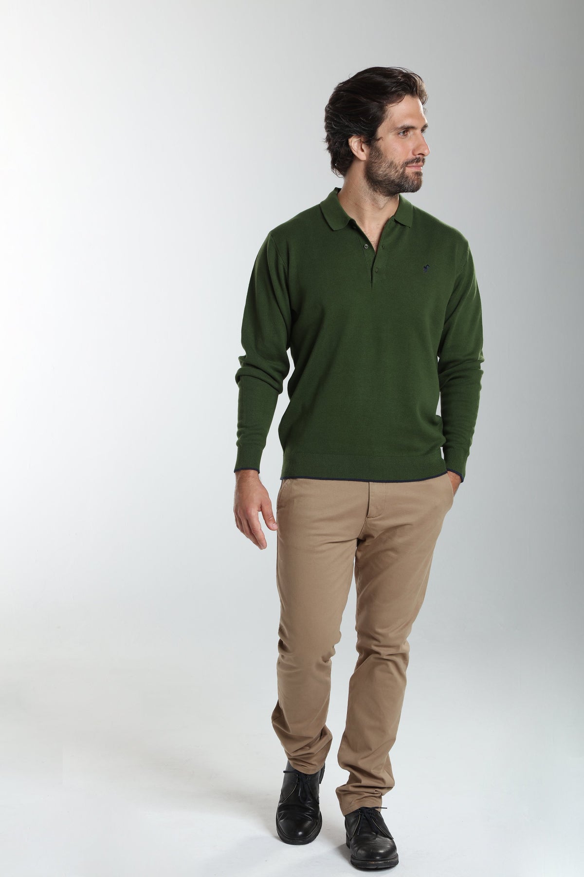 Pull col polo Marvin en coton Milano kaki – Gentleman Farmer, vue 1