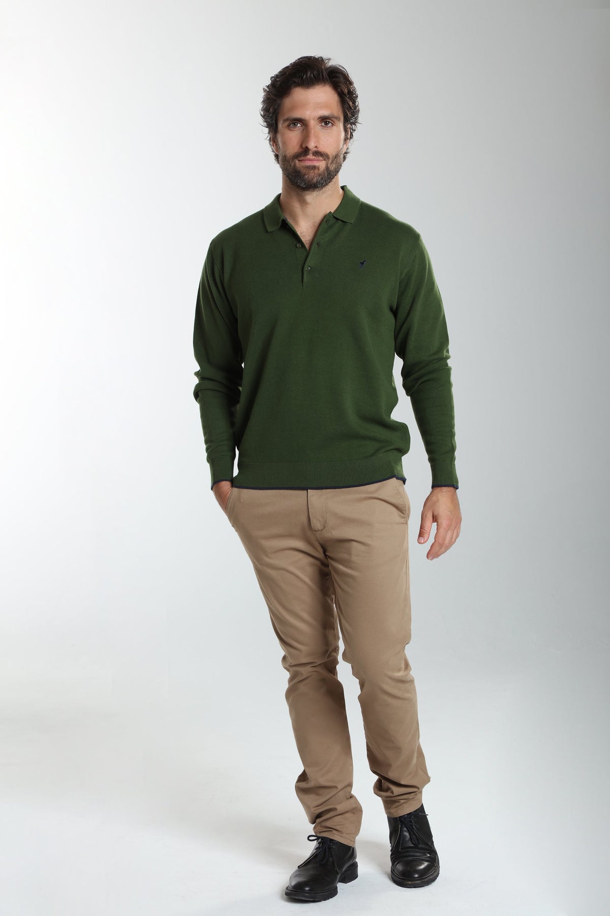 Pull col polo Marvin en coton Milano kaki – Gentleman Farmer, vue 2