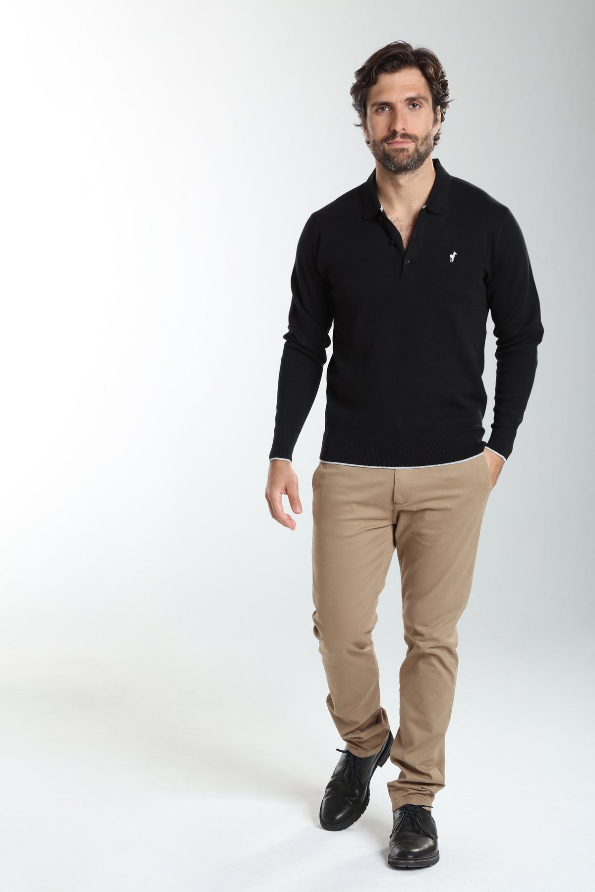 Pull col polo Marvin en coton Milano noir – Gentleman Farmer, vue 1