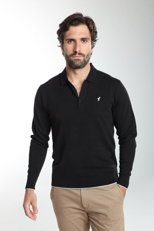Pull col polo Marvin en coton Milano noir – Gentleman Farmer, vue 5