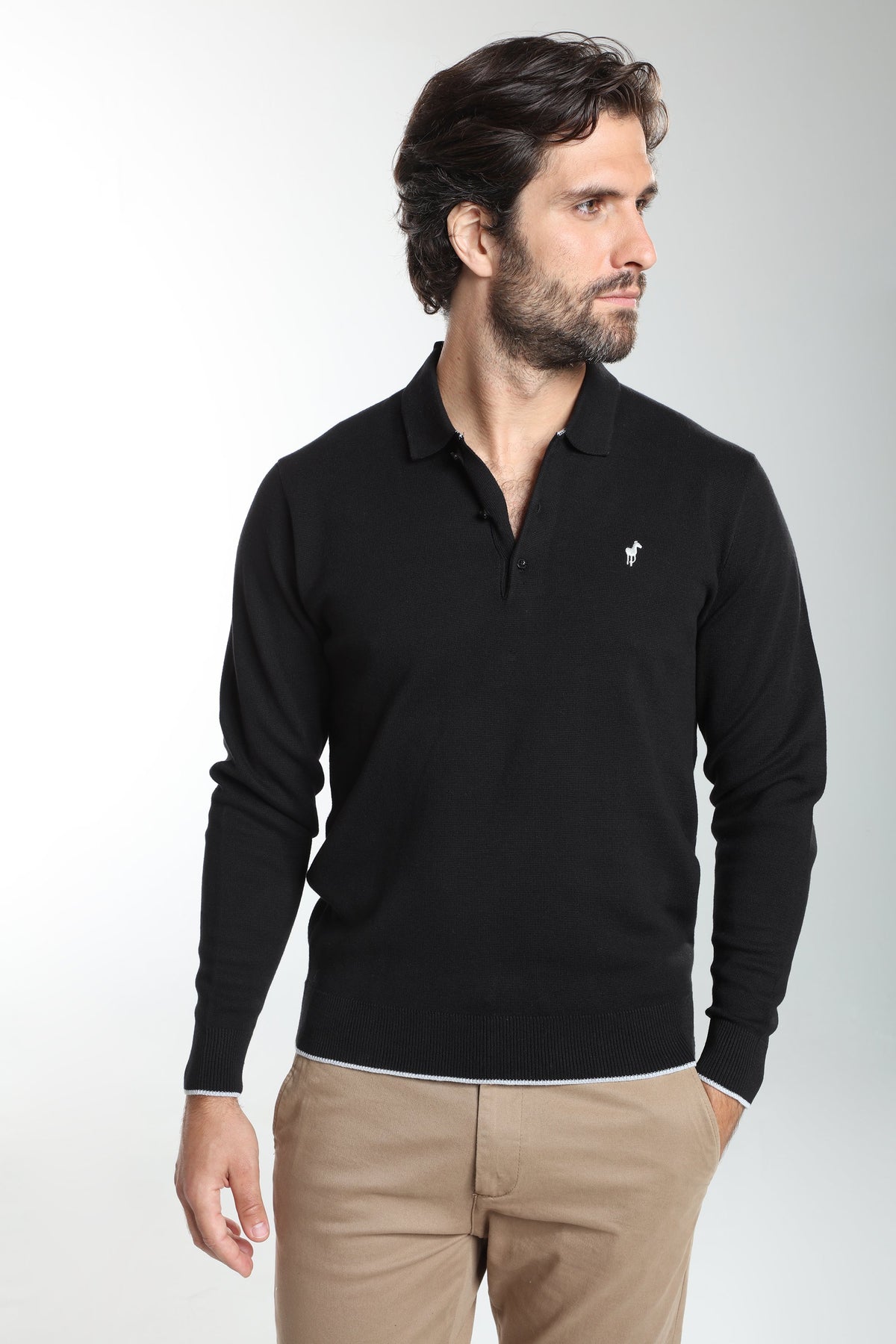 Pull col polo Marvin en coton Milano noir – Gentleman Farmer, vue 6