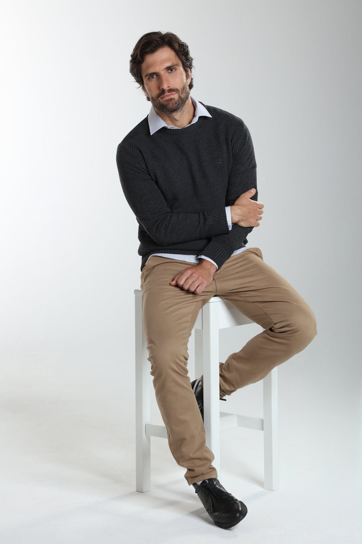 Pull col rond Luka en coton jacquard anthracite – Gentleman Farmer, vue 1