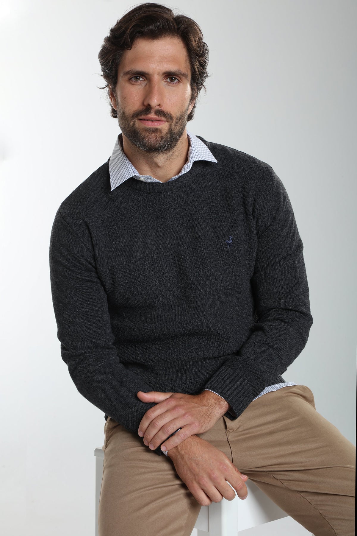 Pull col rond Luka en coton jacquard anthracite – Gentleman Farmer, vue 2