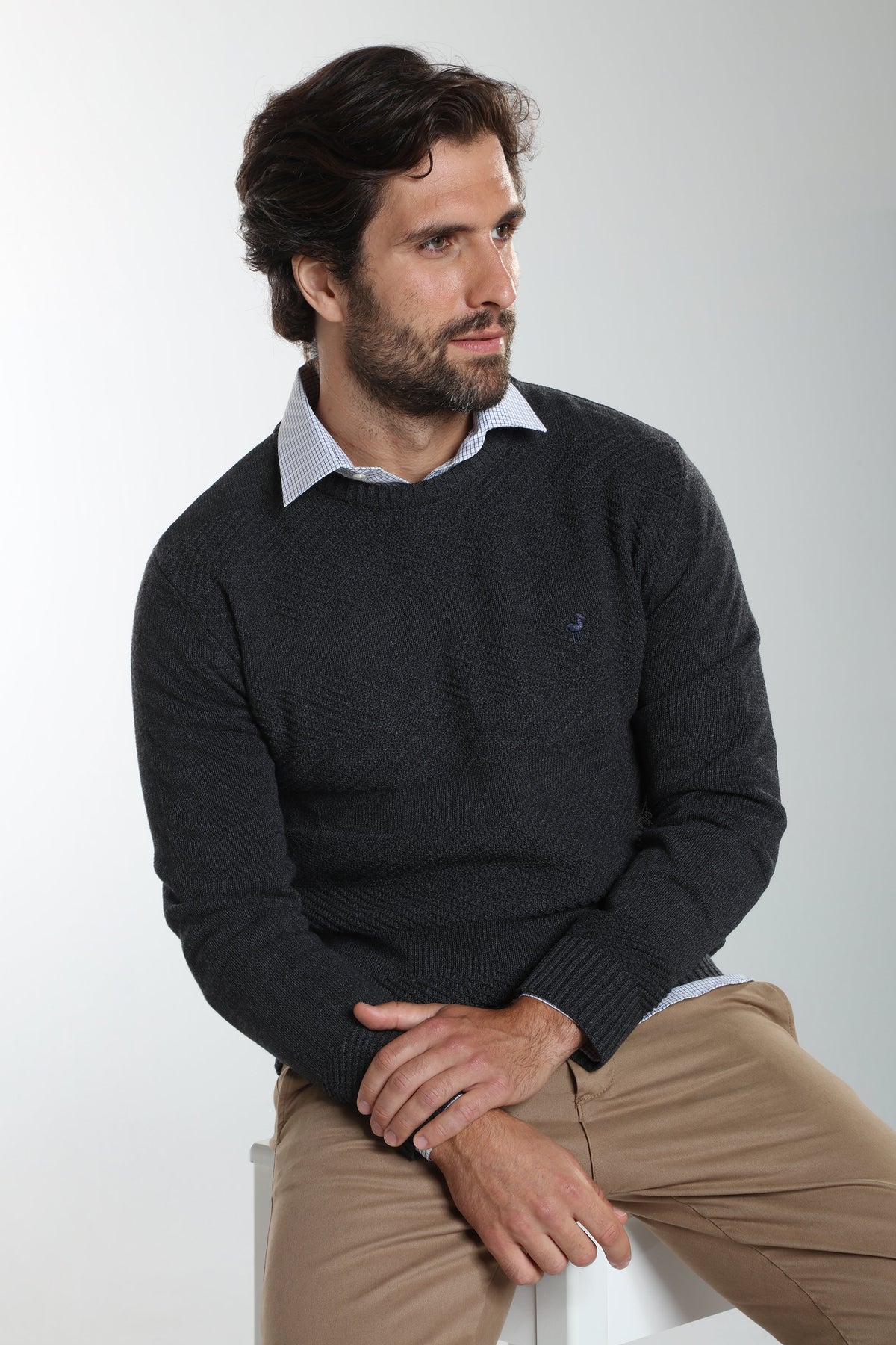 Pull col rond Luka en coton jacquard anthracite – Gentleman Farmer, vue 3