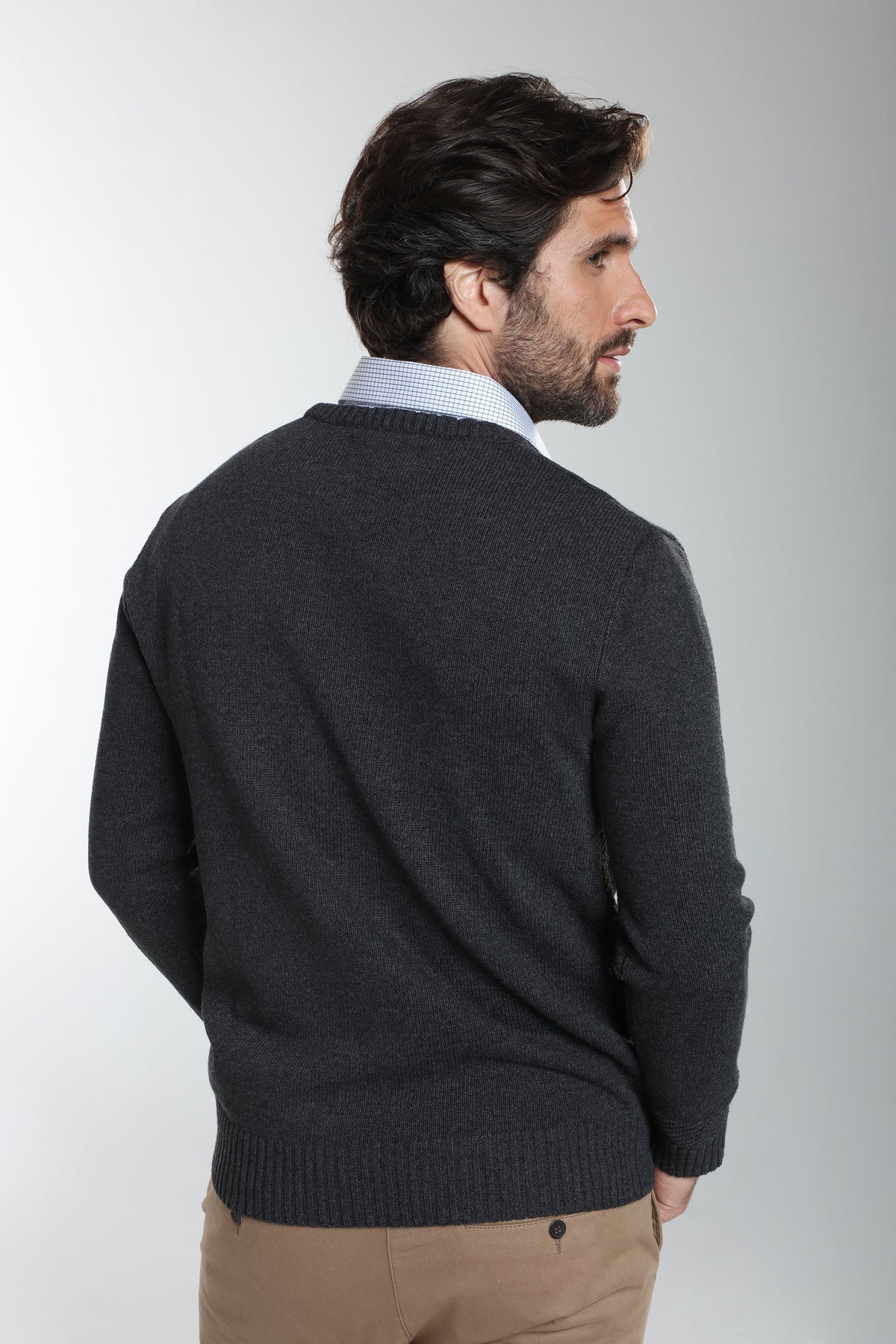 Pull col rond Luka en coton jacquard anthracite – Gentleman Farmer, vue 4