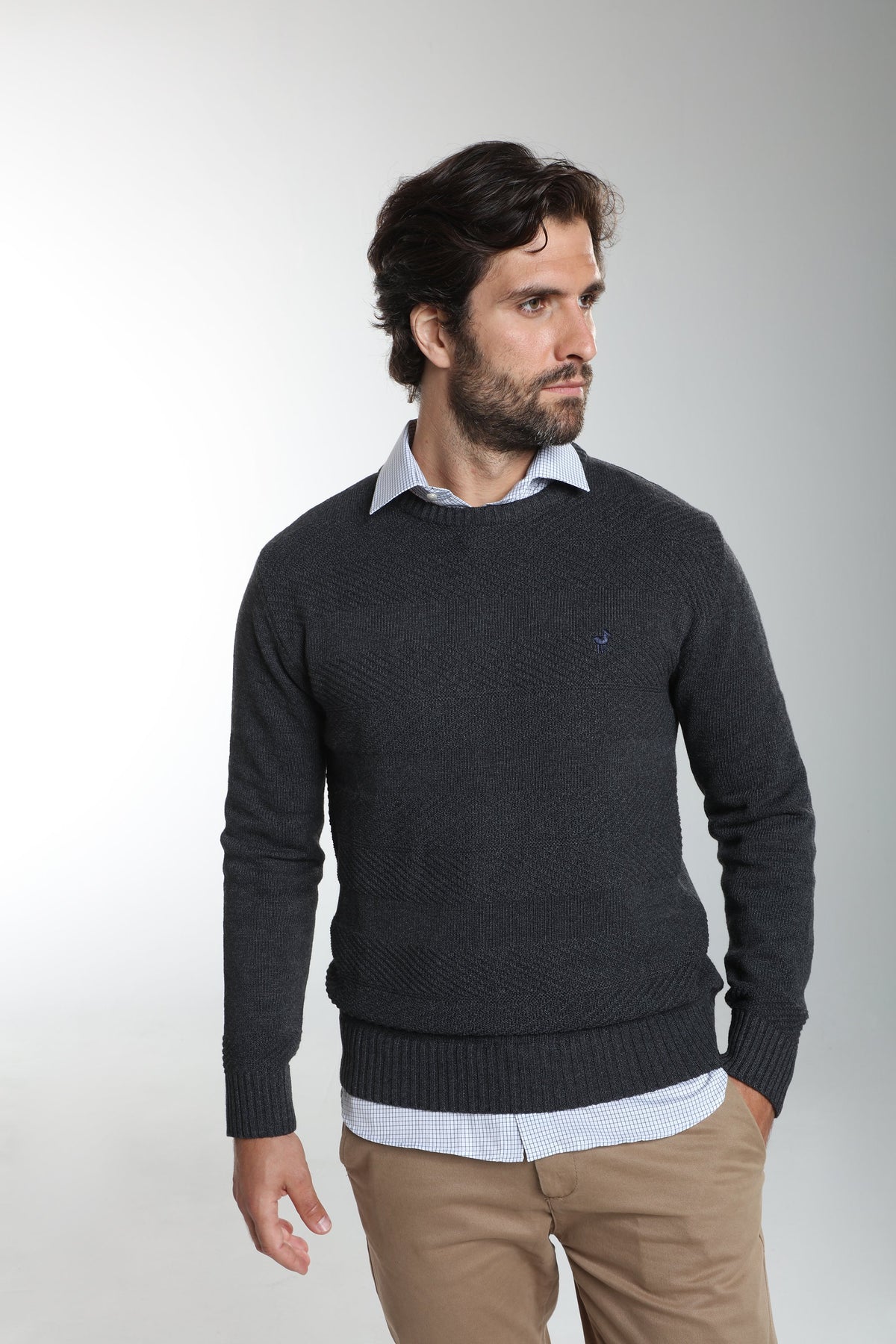 Pull col rond Luka en coton jacquard anthracite – Gentleman Farmer, vue 5