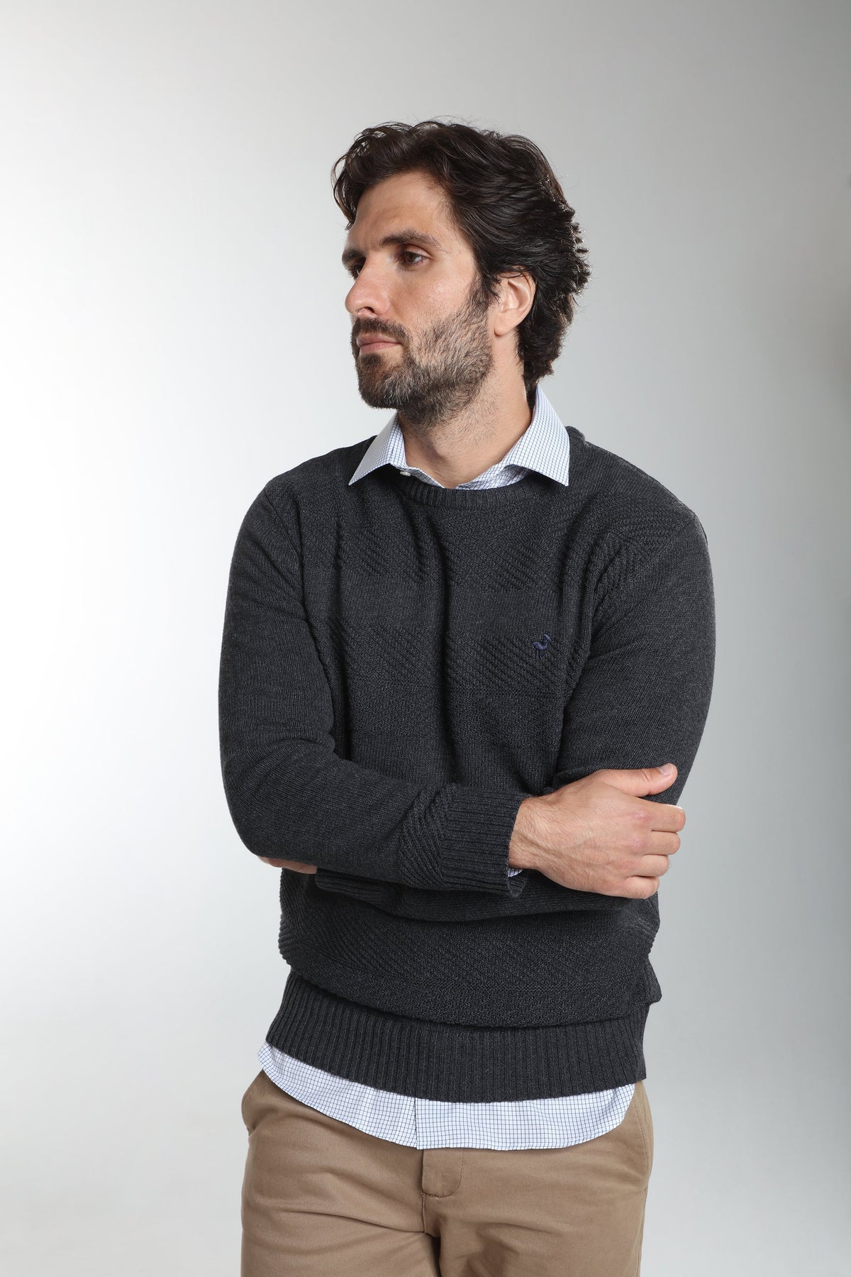 Pull col rond Luka en coton jacquard anthracite – Gentleman Farmer, vue 6