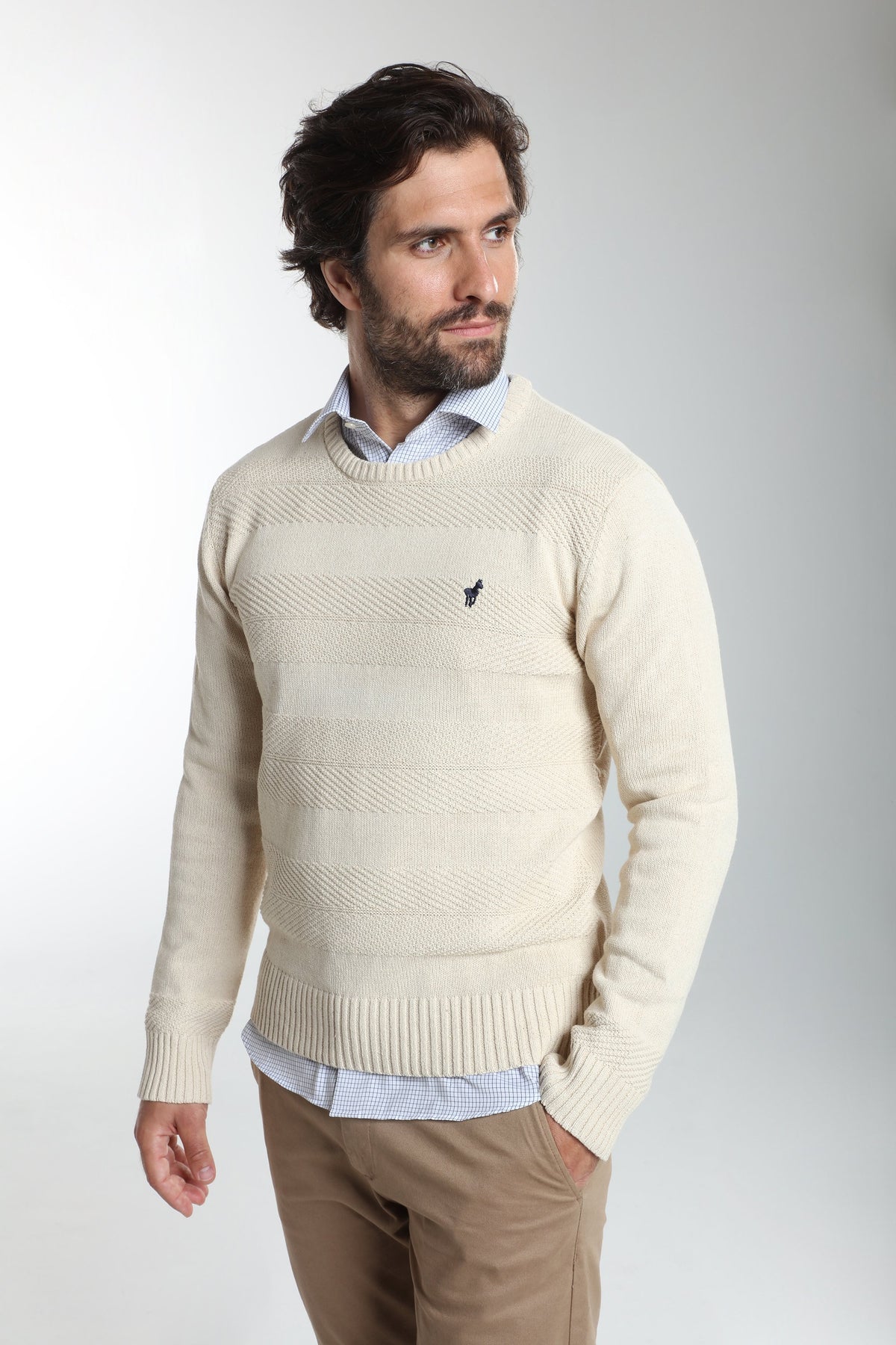 Pull col rond Luka en coton jacquard écru – Gentleman Farmer, vue 1