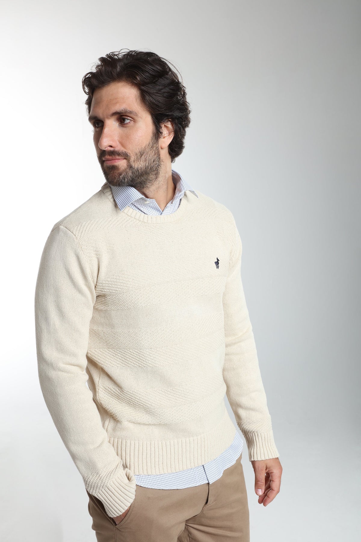 Pull col rond Luka en coton jacquard écru – Gentleman Farmer, vue 2