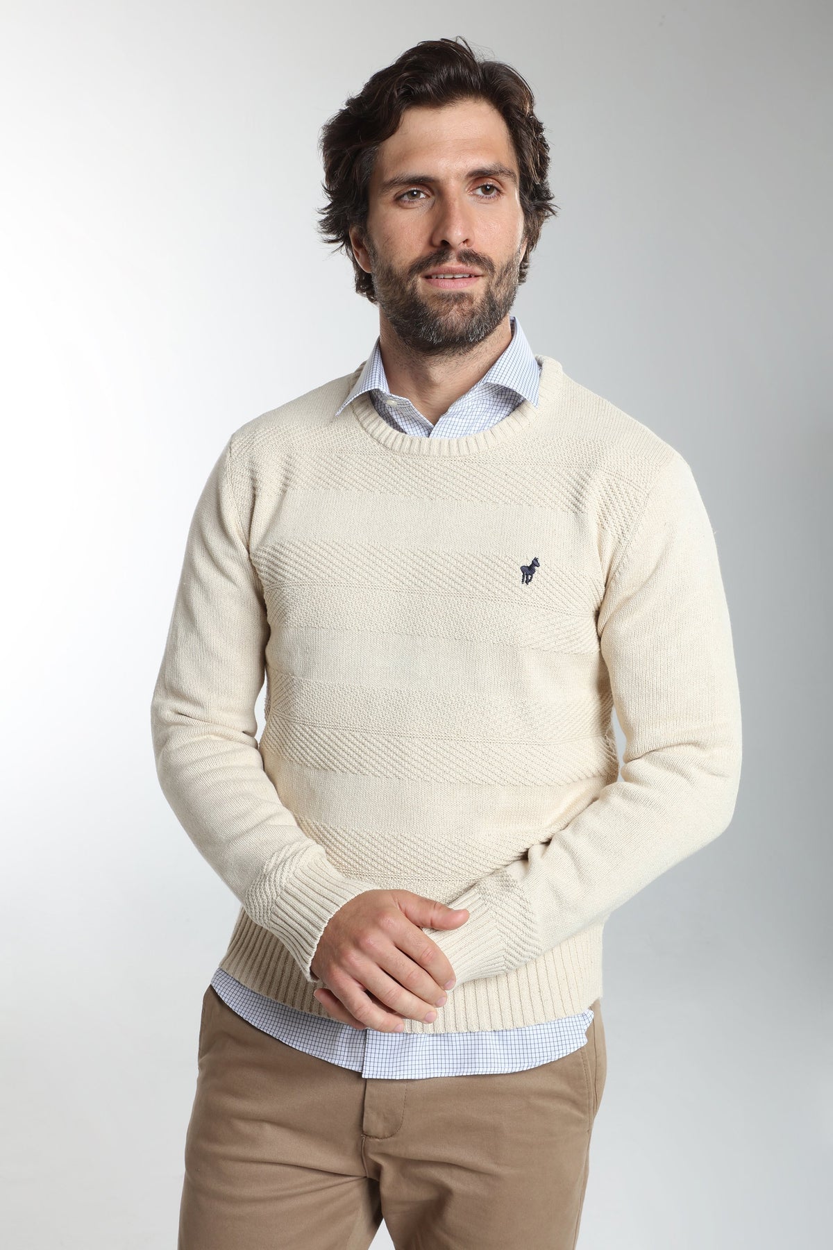 Pull col rond Luka en coton jacquard écru – Gentleman Farmer, vue 3
