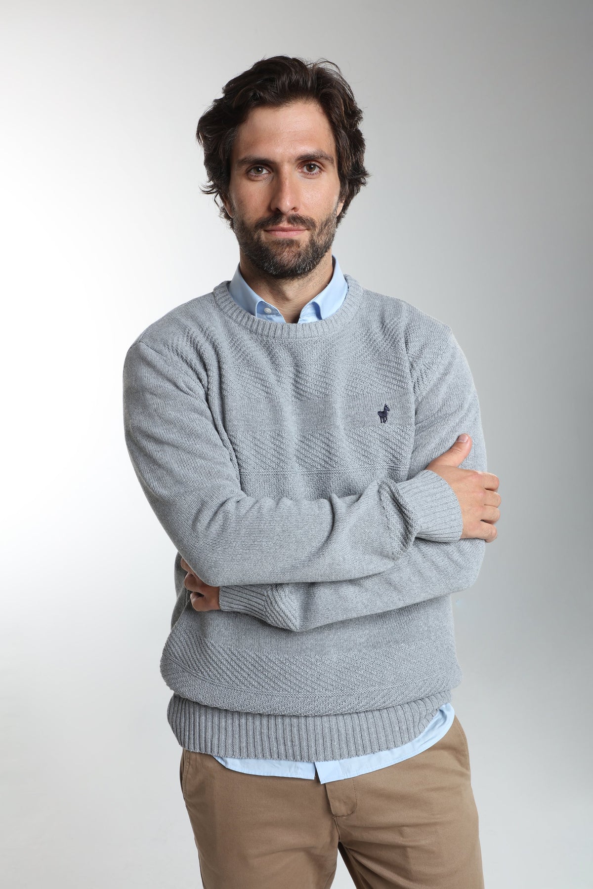 Pull col rond Luka en coton jacquard gris – Gentleman Farmer, vue 1