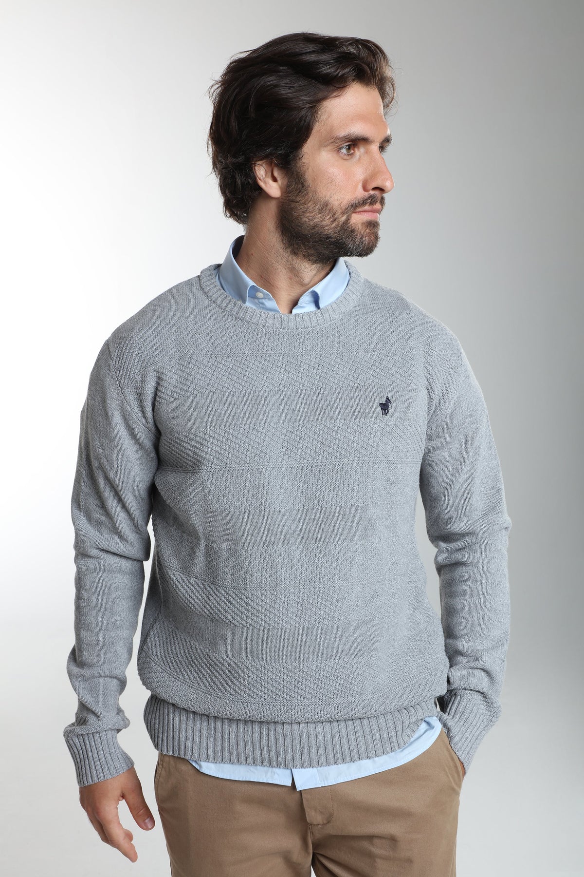 Pull col rond Luka en coton jacquard gris – Gentleman Farmer, vue 2