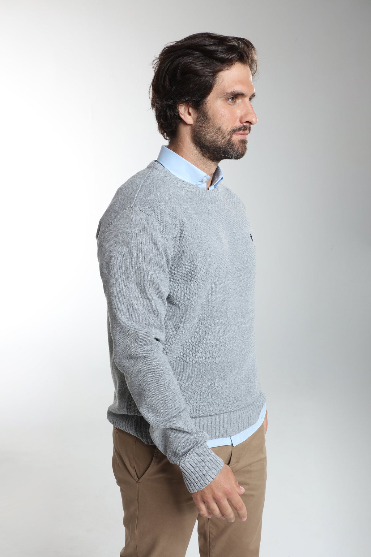 Pull col rond Luka en coton jacquard gris – Gentleman Farmer, vue 3