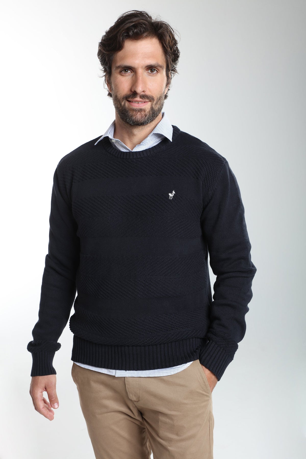 Pull col rond Luka en coton jacquard marine – Gentleman Farmer, vue 1
