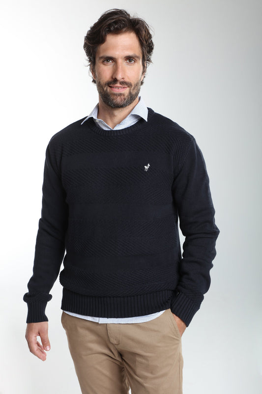 Pull col rond Luka en coton jacquard marine – Gentleman Farmer, vue 1