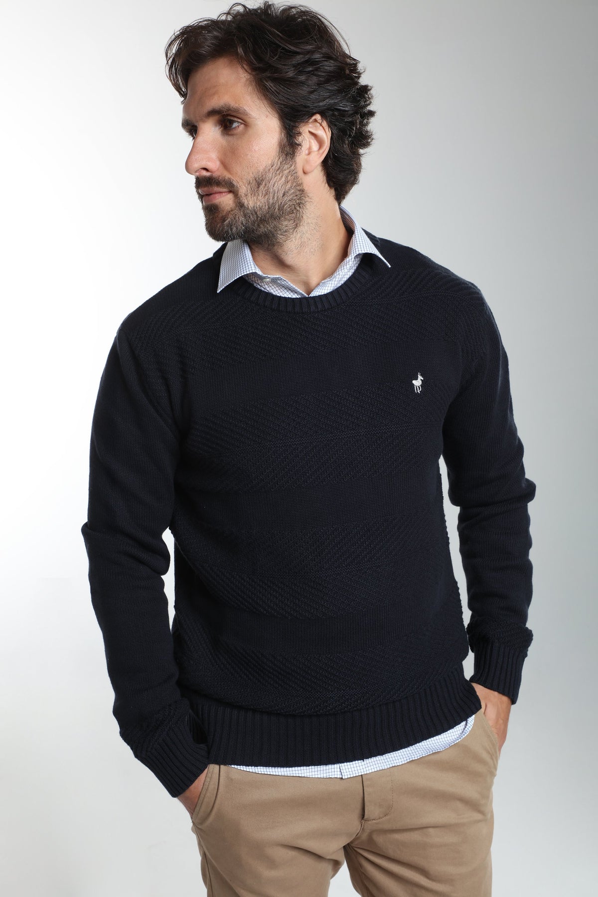 Pull col rond Luka en coton jacquard marine – Gentleman Farmer, vue 2