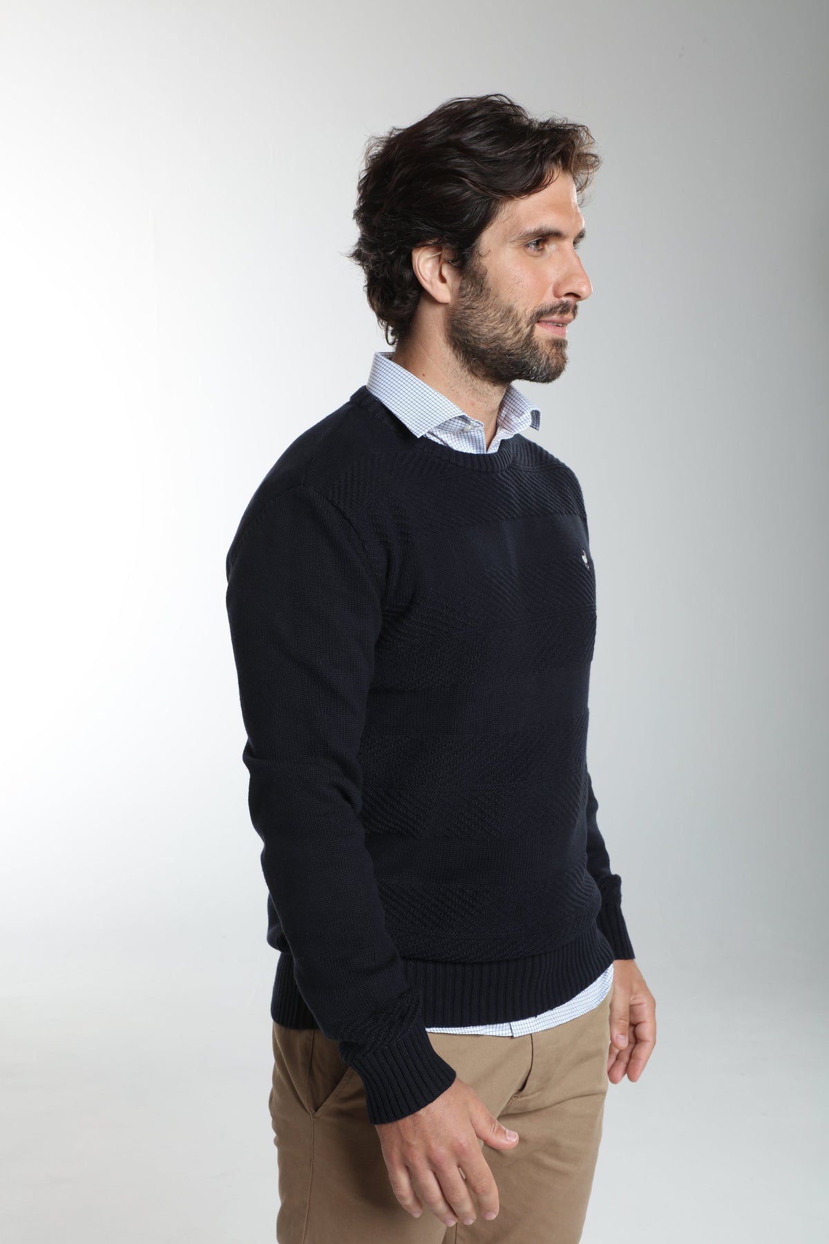 Pull col rond Luka en coton jacquard marine – Gentleman Farmer, vue 3