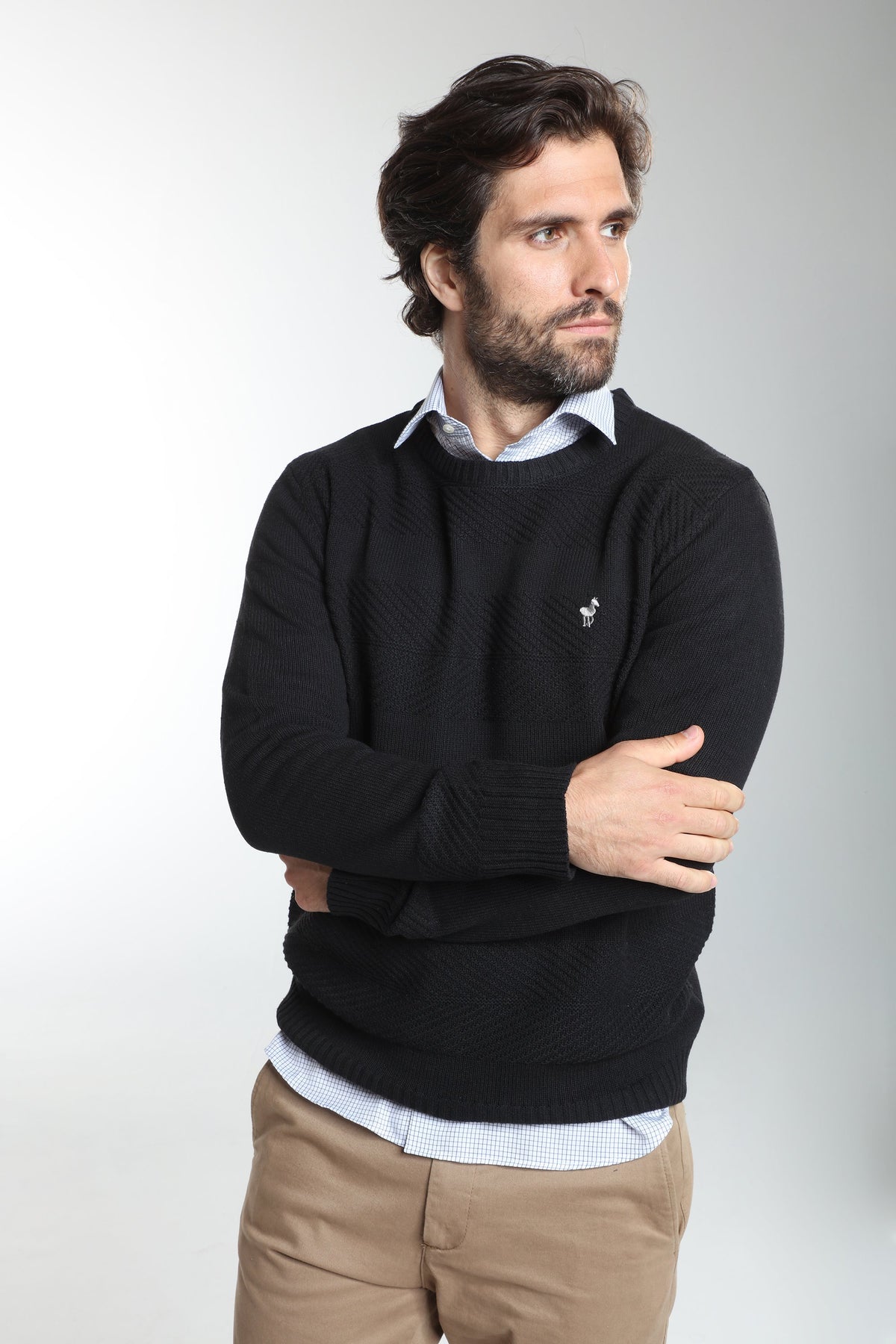 Pull col rond Luka en coton jacquard noir – Gentleman Farmer, vue 1