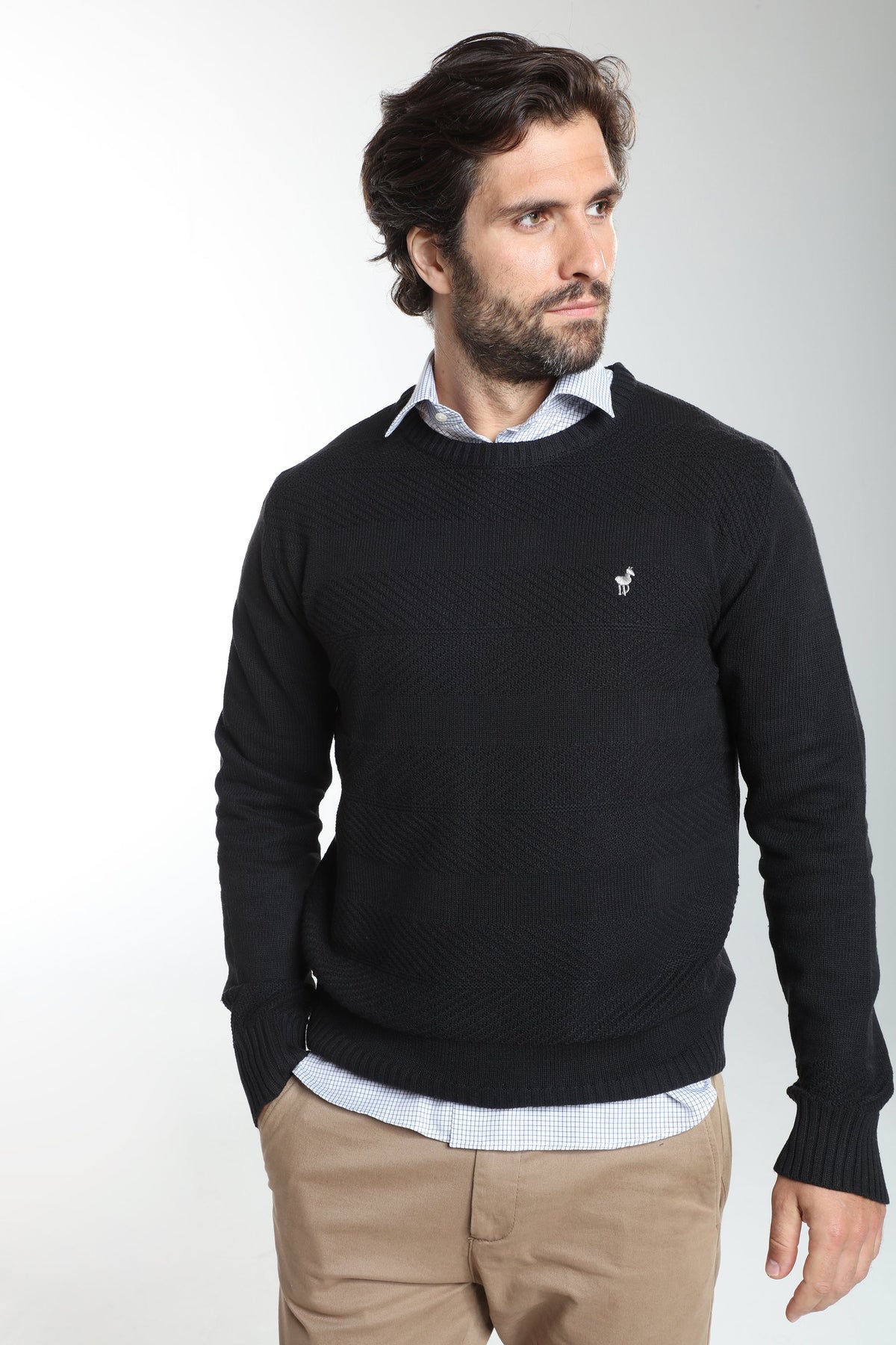 Pull col rond Luka en coton jacquard noir – Gentleman Farmer, vue 2