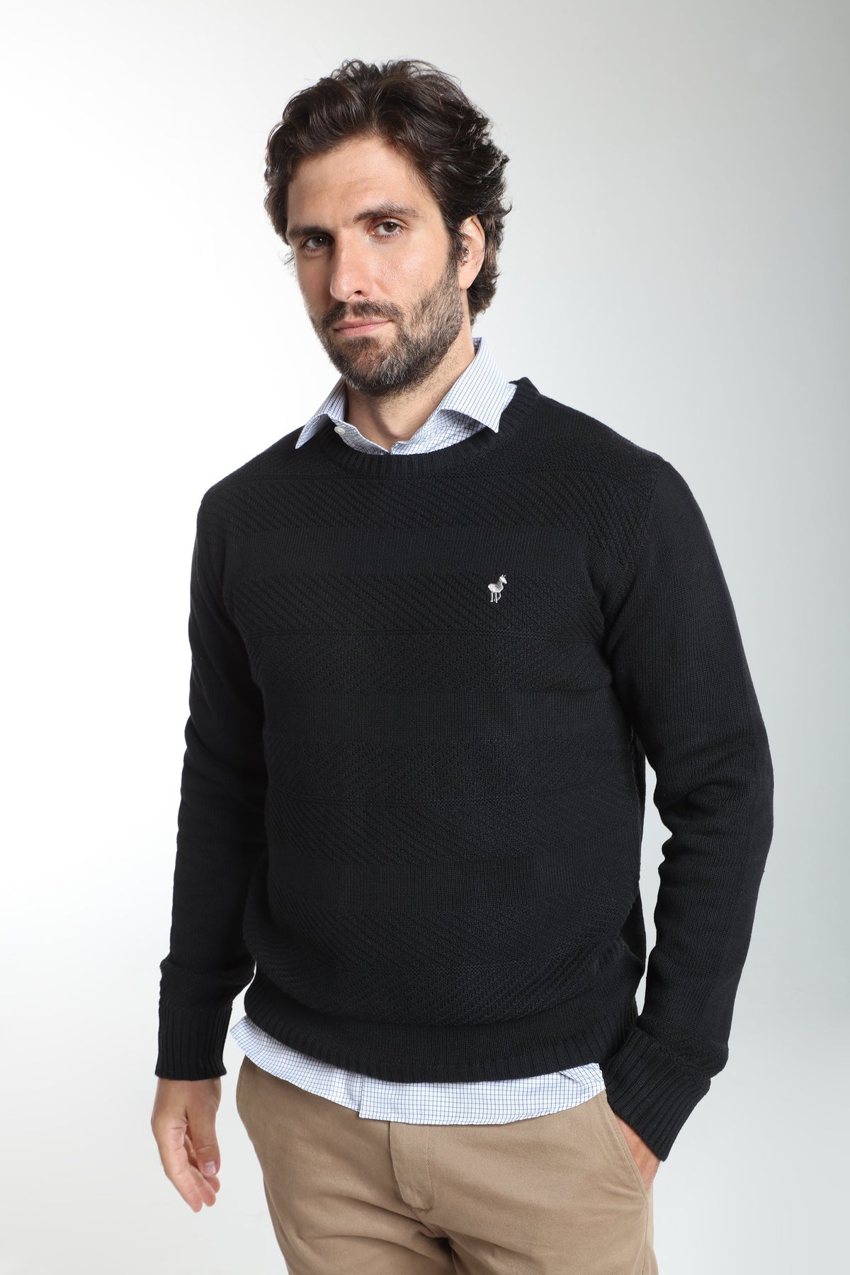 Pull col rond Luka en coton jacquard noir – Gentleman Farmer, vue 3
