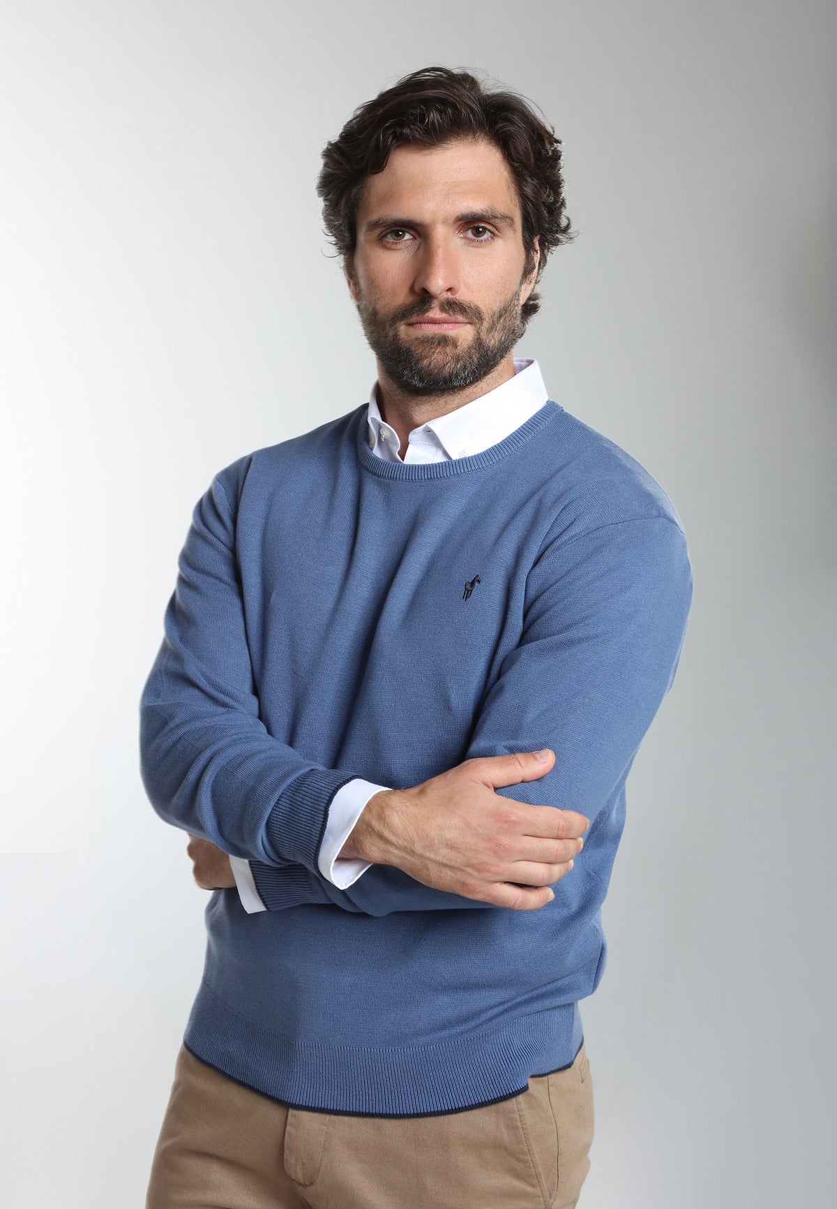 Pull col rond Maxence en coton Milano bleu – Gentleman Farmer, vue 1