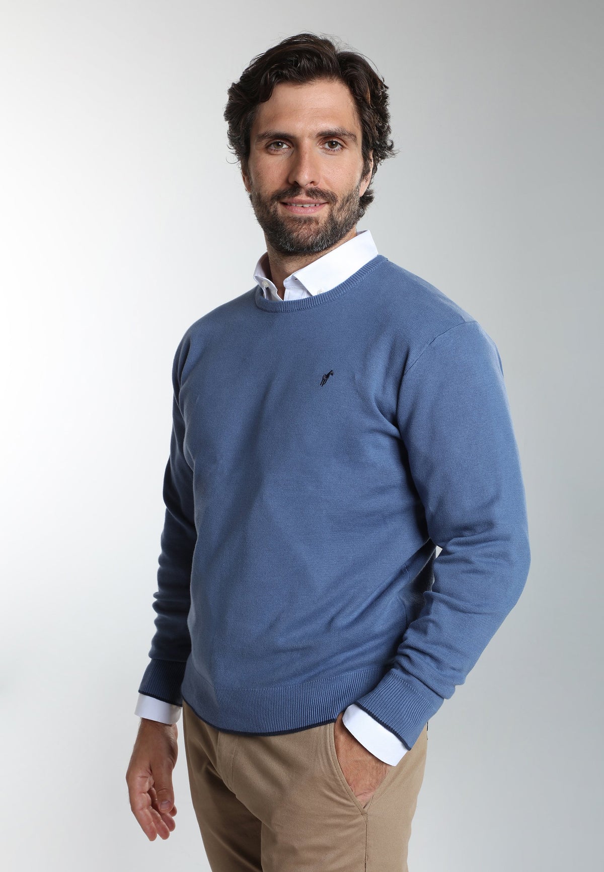 Pull col rond Maxence en coton Milano bleu – Gentleman Farmer, vue 2