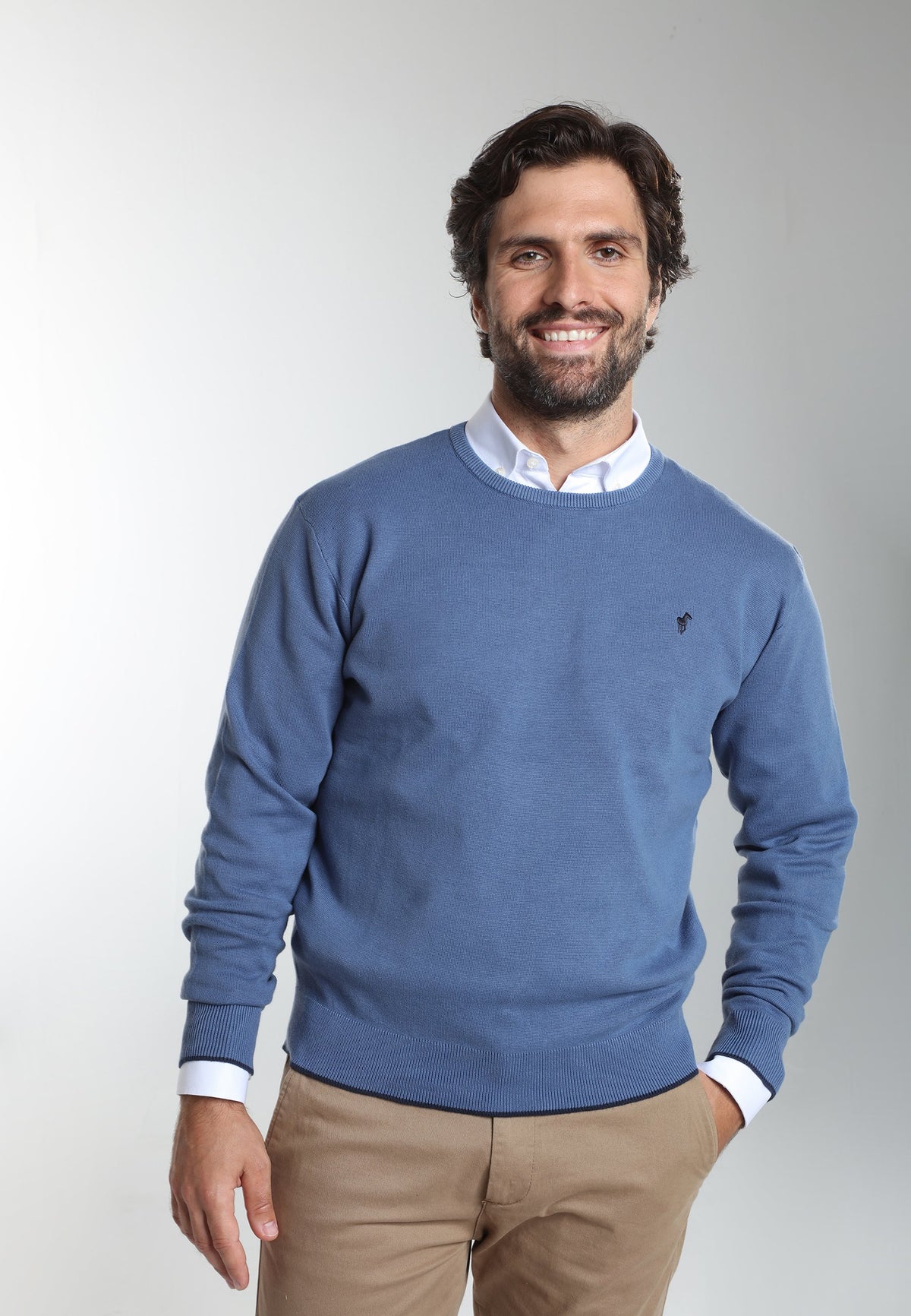 Pull col rond Maxence en coton Milano bleu – Gentleman Farmer, vue 3