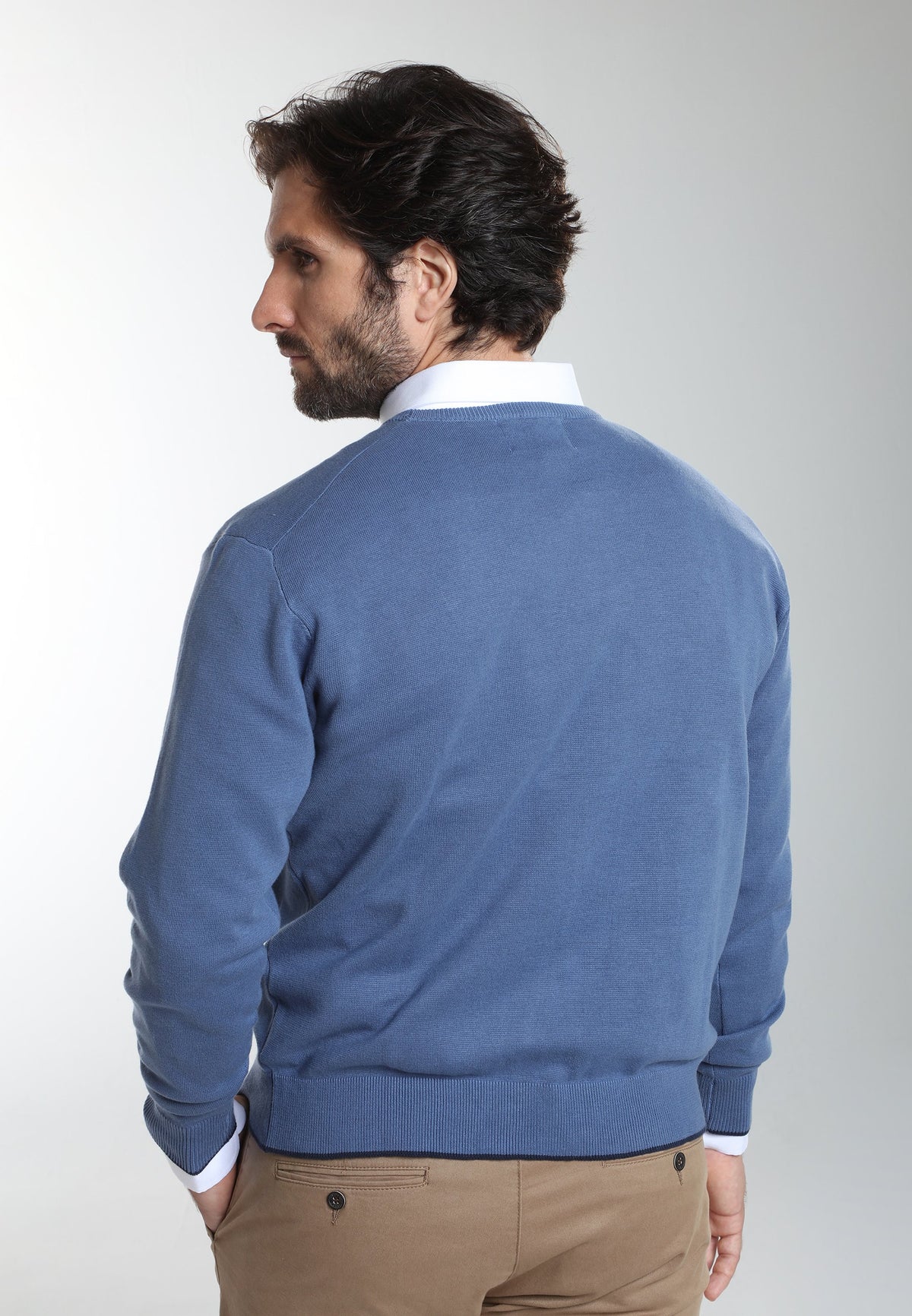 Pull col rond Maxence en coton Milano bleu – Gentleman Farmer, vue 4