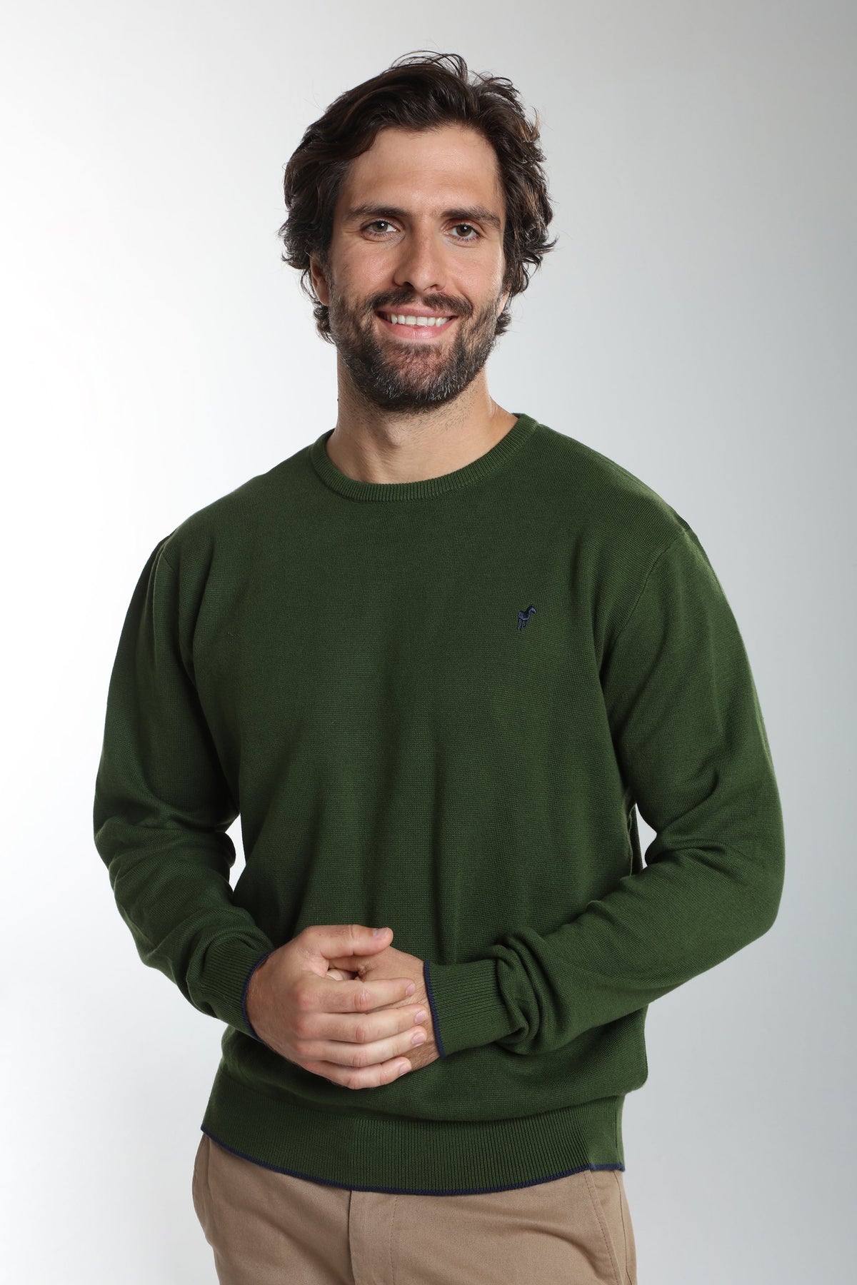 Pull col rond Maxence en coton Milano kaki – Gentleman Farmer, vue 1