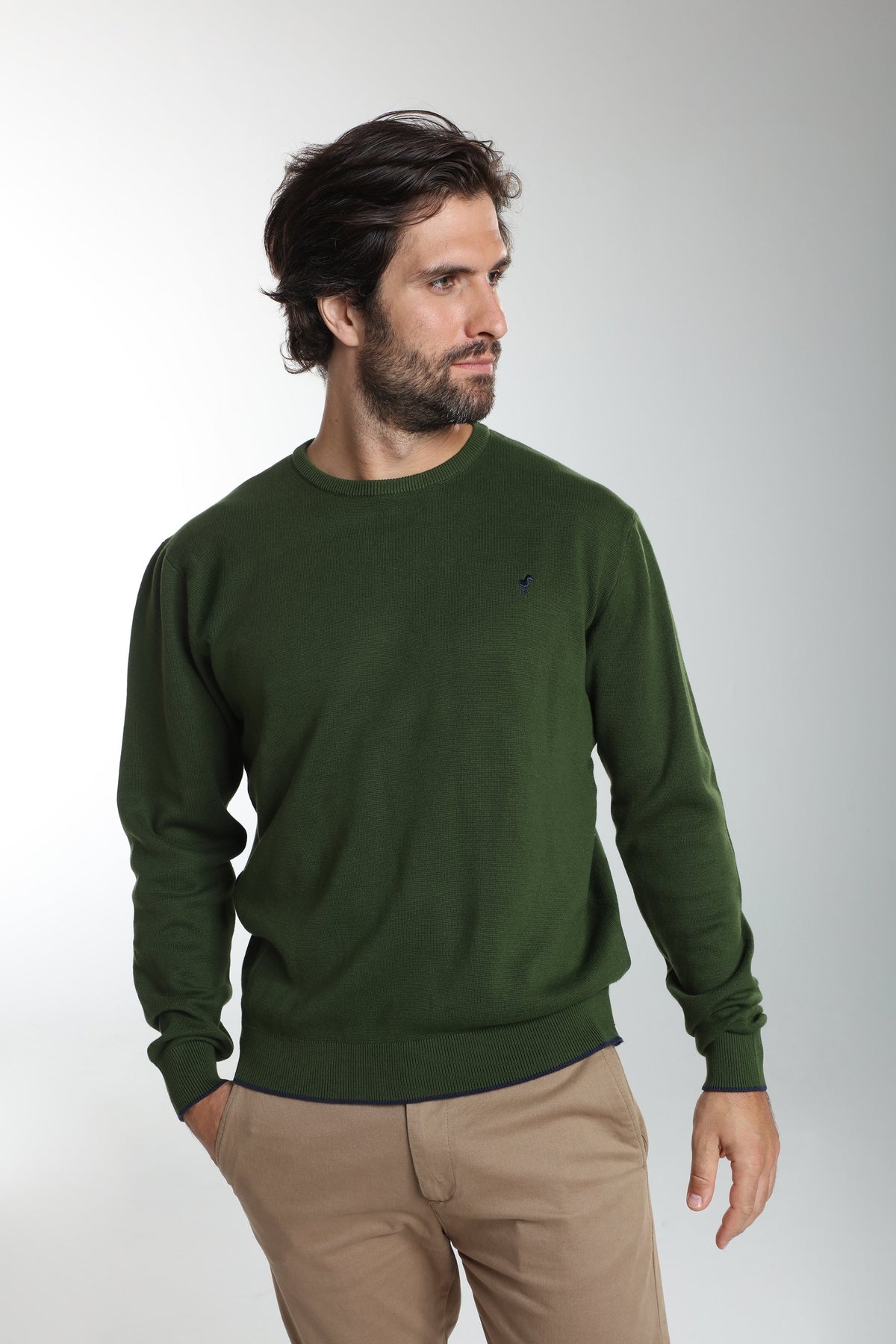 Pull col rond Maxence en coton Milano kaki – Gentleman Farmer, vue 3