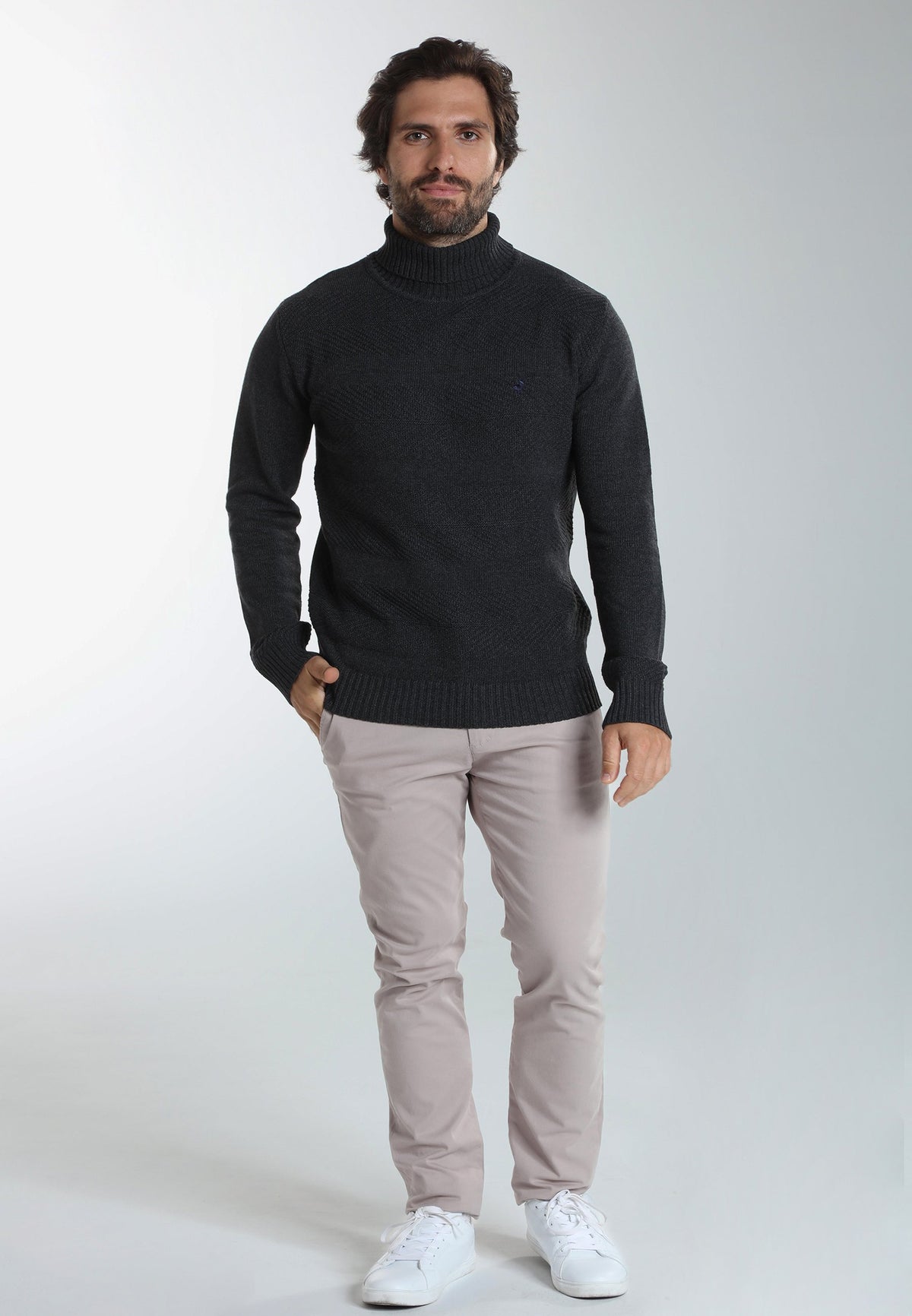 Pull col roulé Loop en coton jacquard anthracite – Gentleman Farmer, vue 1