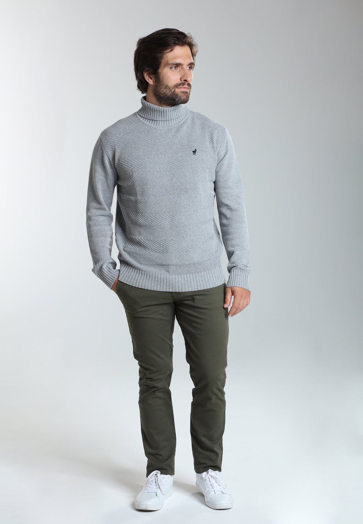 Pull col roulé Loop en coton jacquard gris – Gentleman Farmer, vue 1