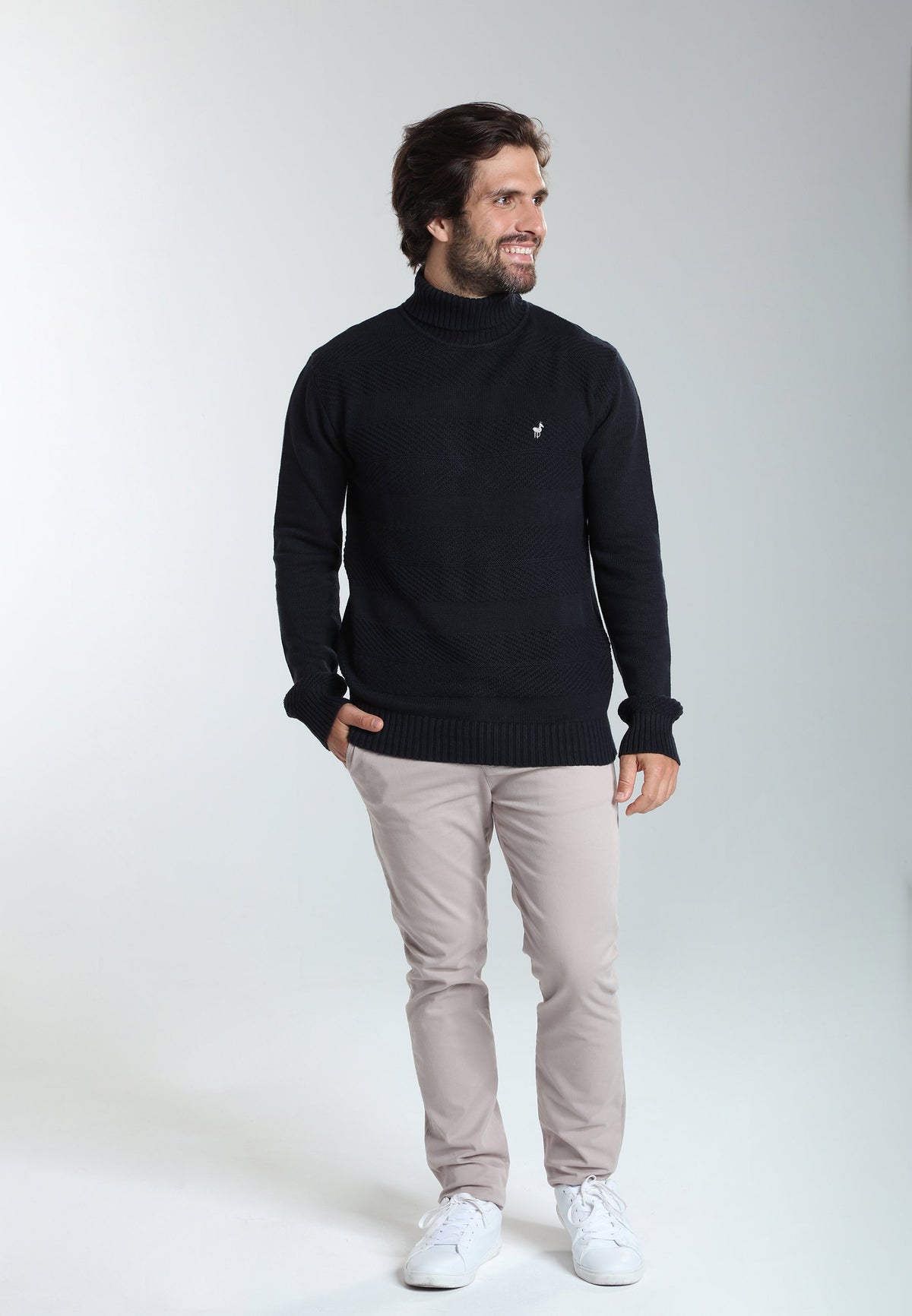 Pull col roulé Loop en coton jacquard marine – Gentleman Farmer, vue 3