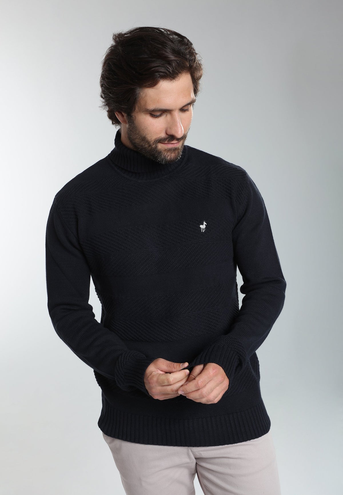 Pull col roulé Loop en coton jacquard marine – Gentleman Farmer, vue 6