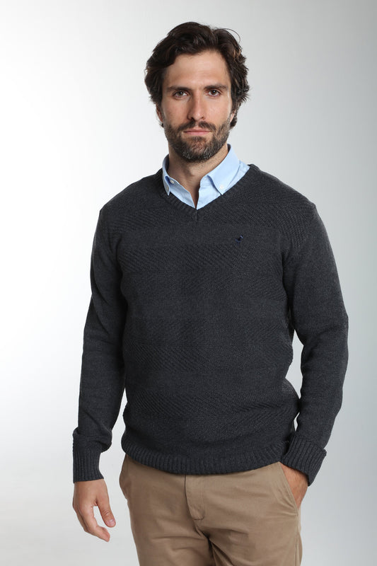 Pull col V Lucky en coton jacquard anthracite – Gentleman Farmer, vue 1