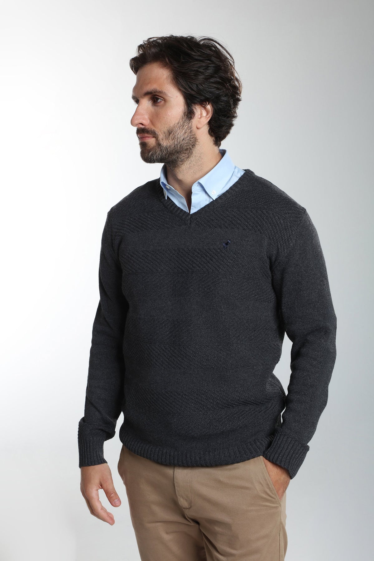 Pull col V Lucky en coton jacquard anthracite – Gentleman Farmer, vue 2