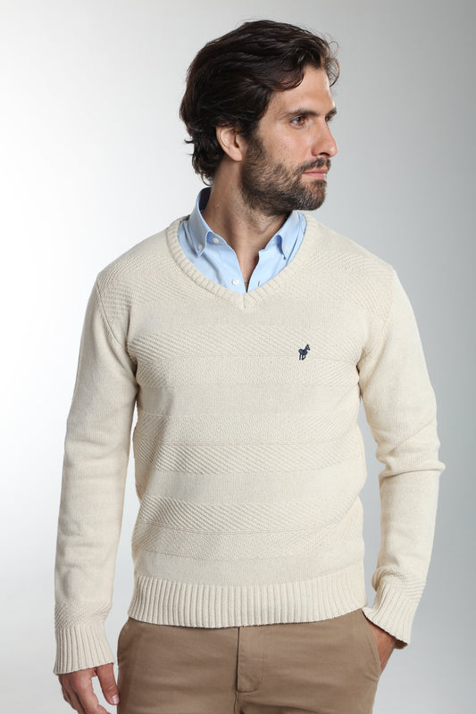 Pull col V Lucky en coton jacquard écru – Gentleman Farmer, vue 1