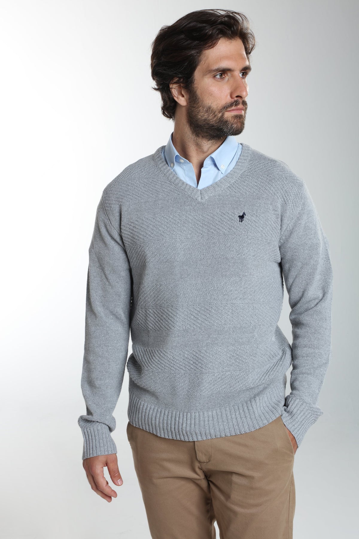 Pull col V Lucky en coton jacquard gris – Gentleman Farmer, vue 1