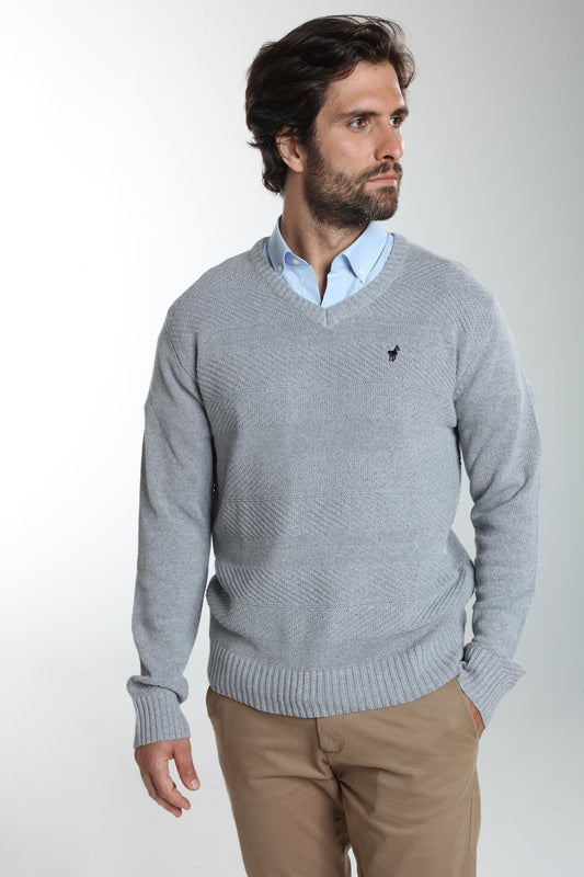 Pull col V Lucky en coton jacquard gris – Gentleman Farmer, vue 1
