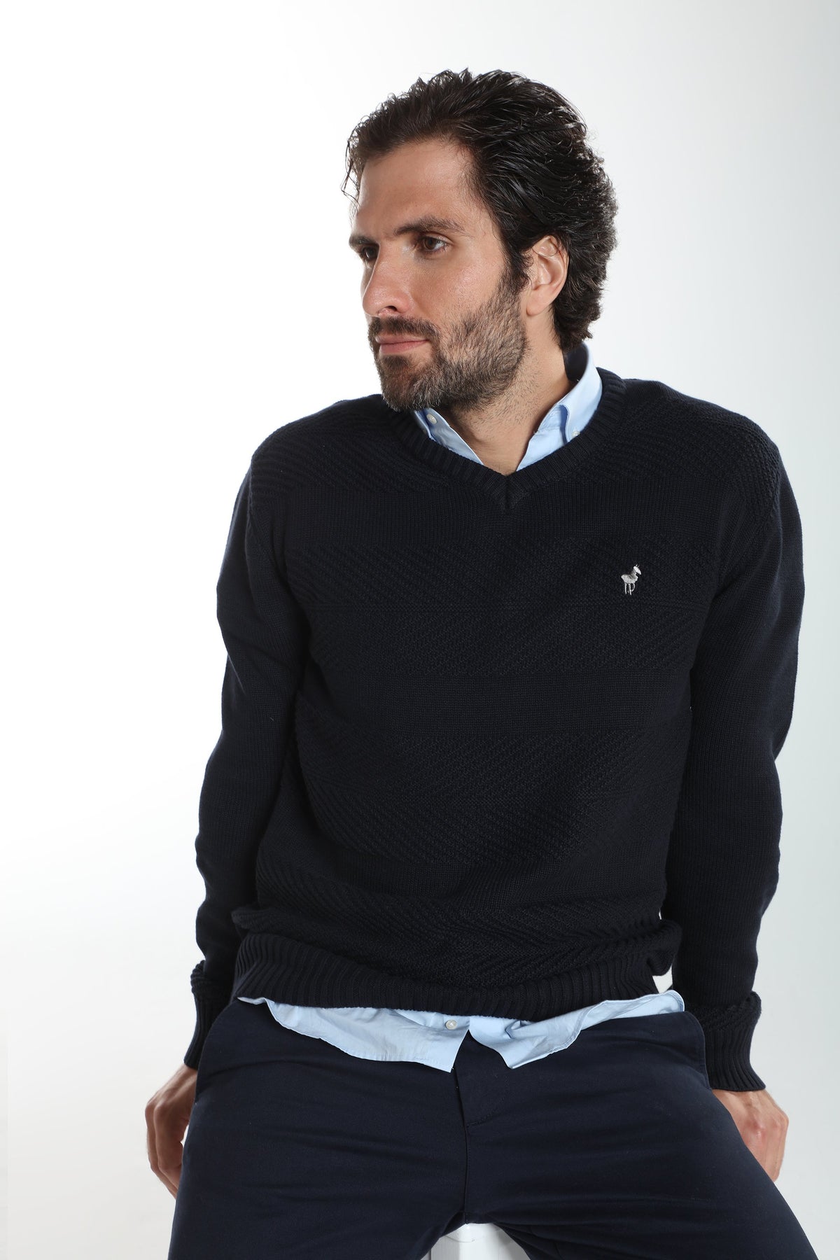 Pull col V Lucky en coton jacquard marine – Gentleman Farmer, vue 12