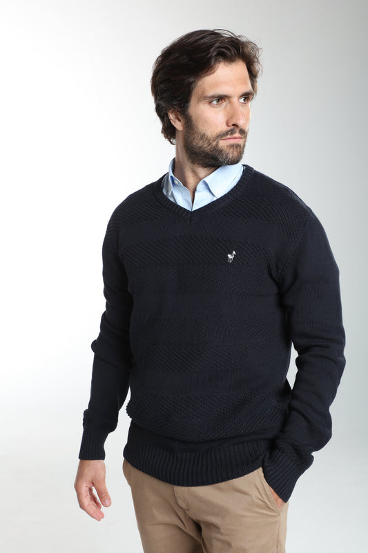 Pull col V Lucky en coton jacquard marine – Gentleman Farmer, vue 4