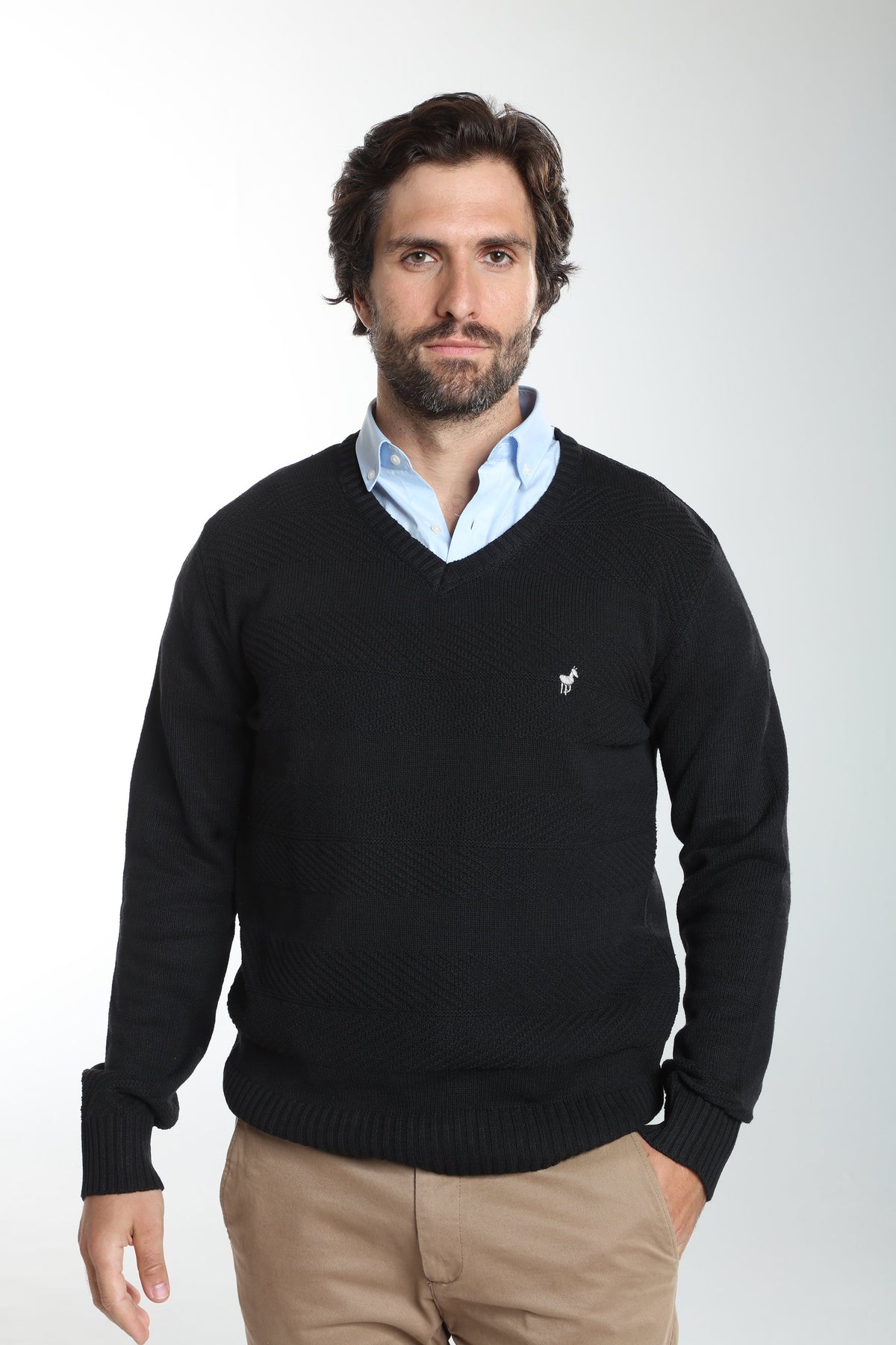 Pull col V Lucky en coton jacquard noir – Gentleman Farmer, vue 1