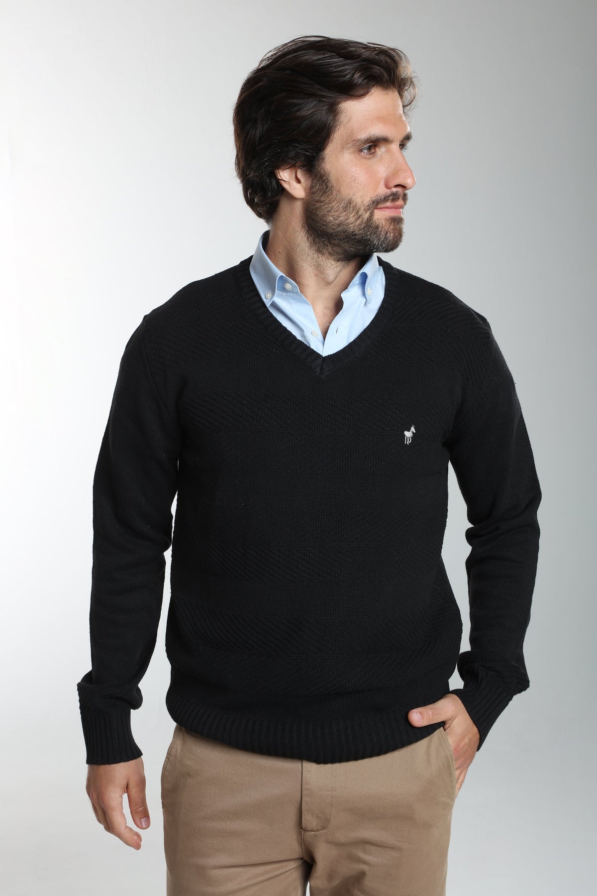 Pull col V Lucky en coton jacquard noir – Gentleman Farmer, vue 2